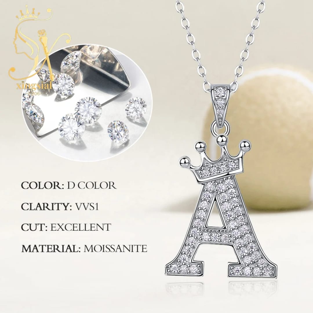 Alphabet Crown Moissanite Necklace in 925 Sterling Silver