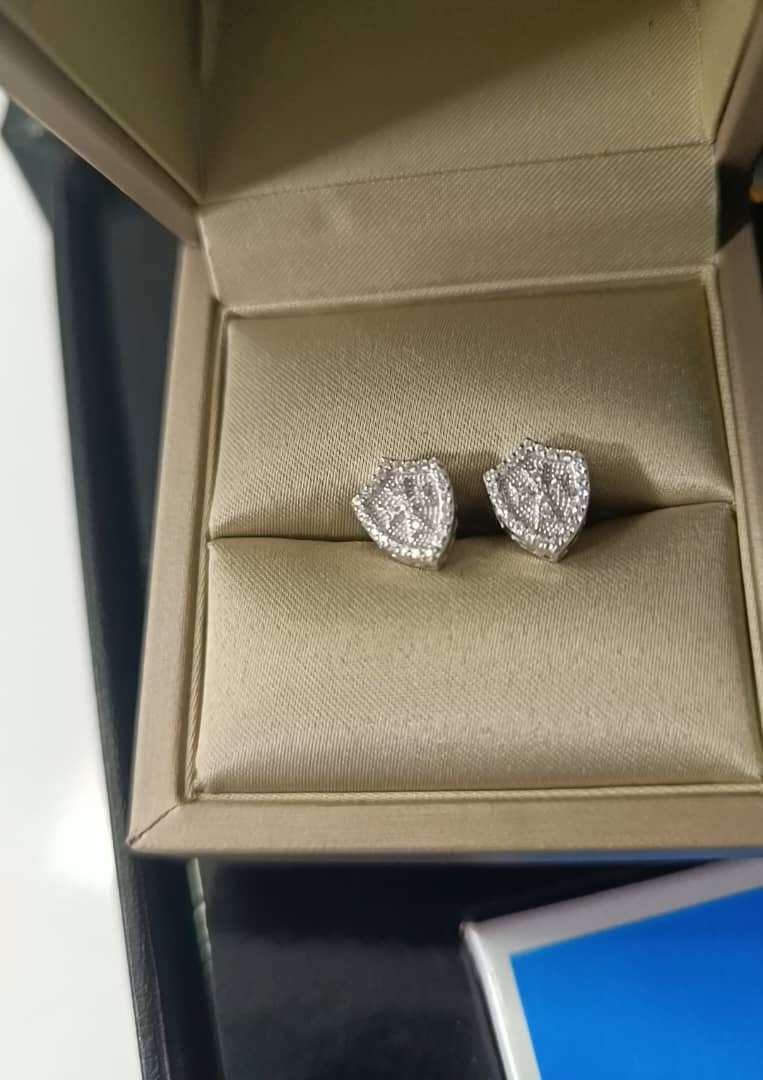 0.005ct Shield Moissanite Earrings in 925 Sterling Silver displayed in its brown box