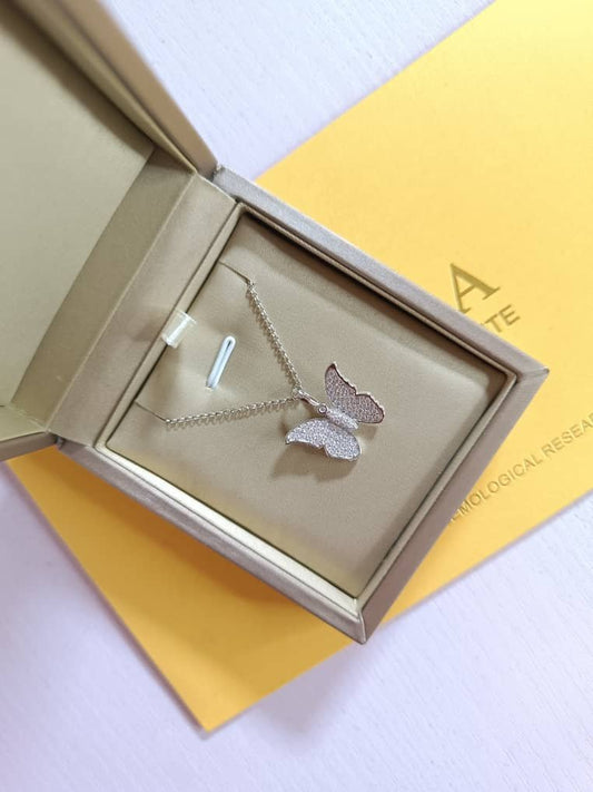 0.008ct Butterfly Moissanite Necklace in 925 Sterling Silver displayed in its brown box
