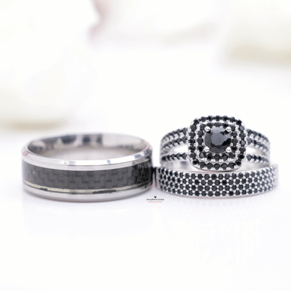 Velma Black - Blossom Black Sterling Silver Bridal Set with Alfred Black Titanium Male Band