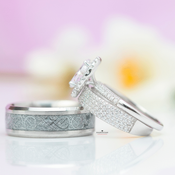 Juana and Blossom Bridal Set with Maxim Silver Titanium Male band - Image 2