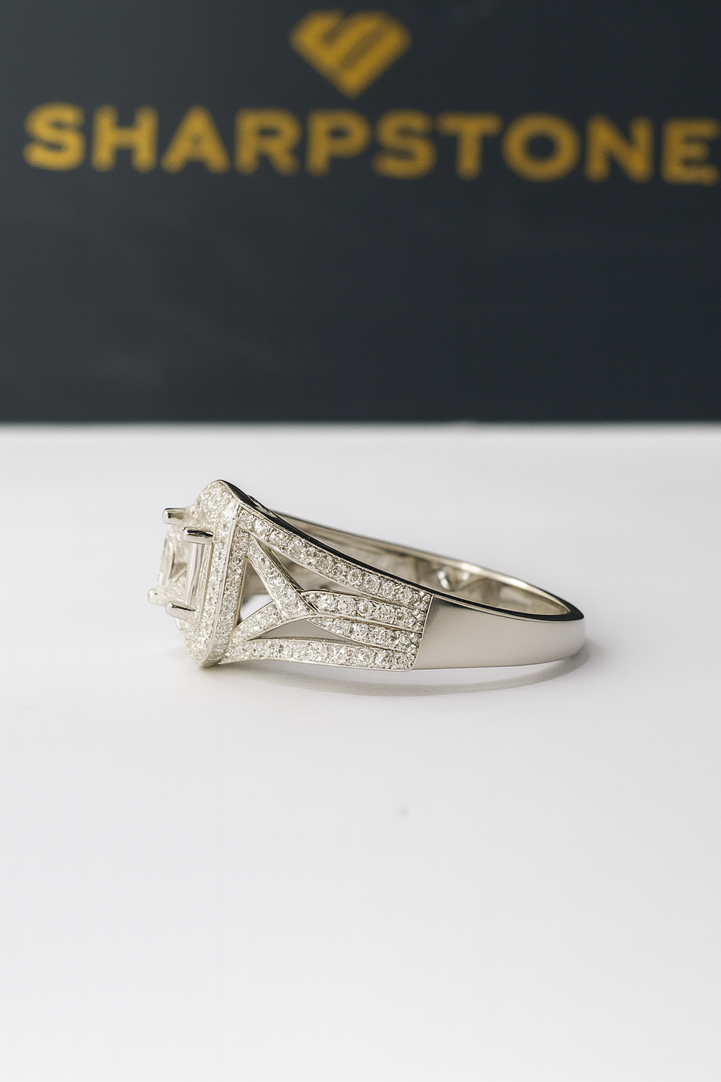 Azura engagement ring with moissanite stones side view