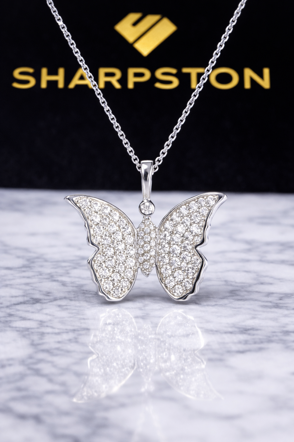 Butterfly Sterling Silver Necklace with Moissanite Stone Front