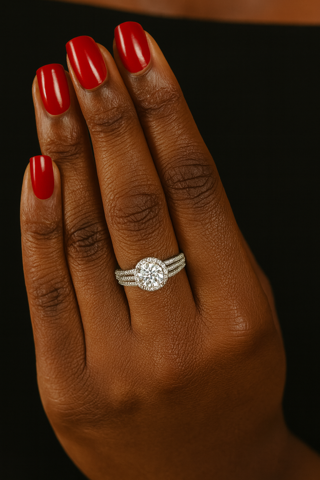 Cora engagement ring with moissanite stones model view