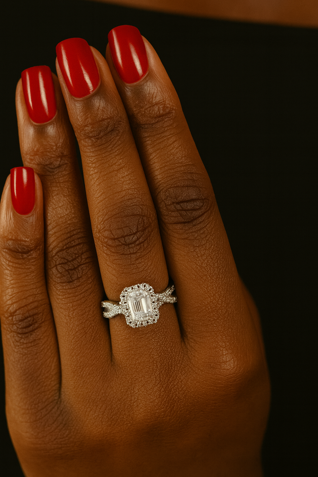 Harvey engagement ring with moissanite stones model view