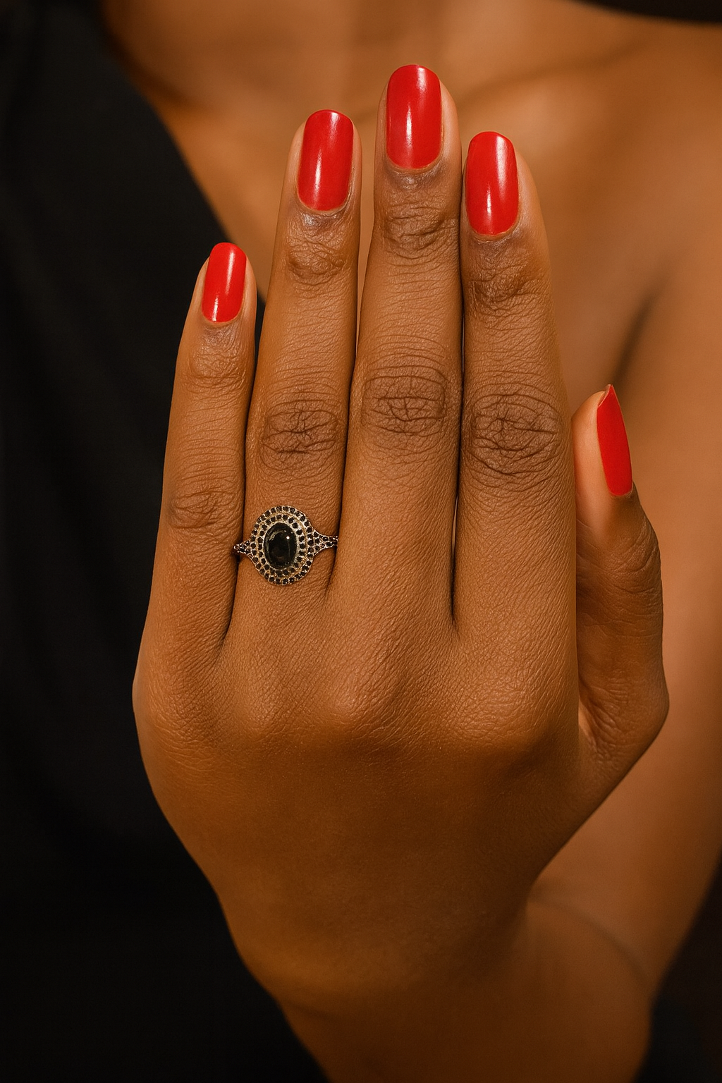 Matilda black engagement ring with cz stones model view
