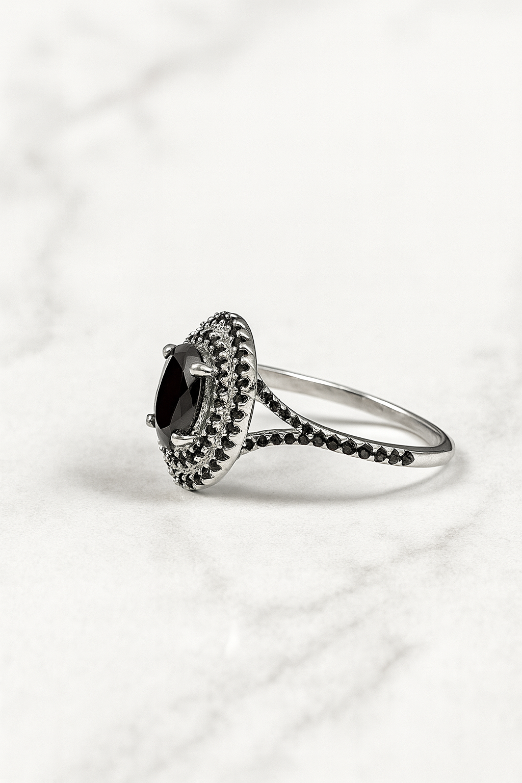 Matilda black engagement ring with cz stones side view