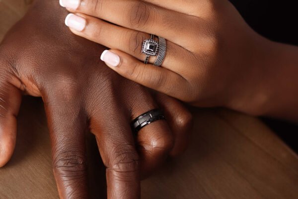 Quinn - Gemma Moissanite Bridal Set with Crisp Titanium Male Band - Image 2