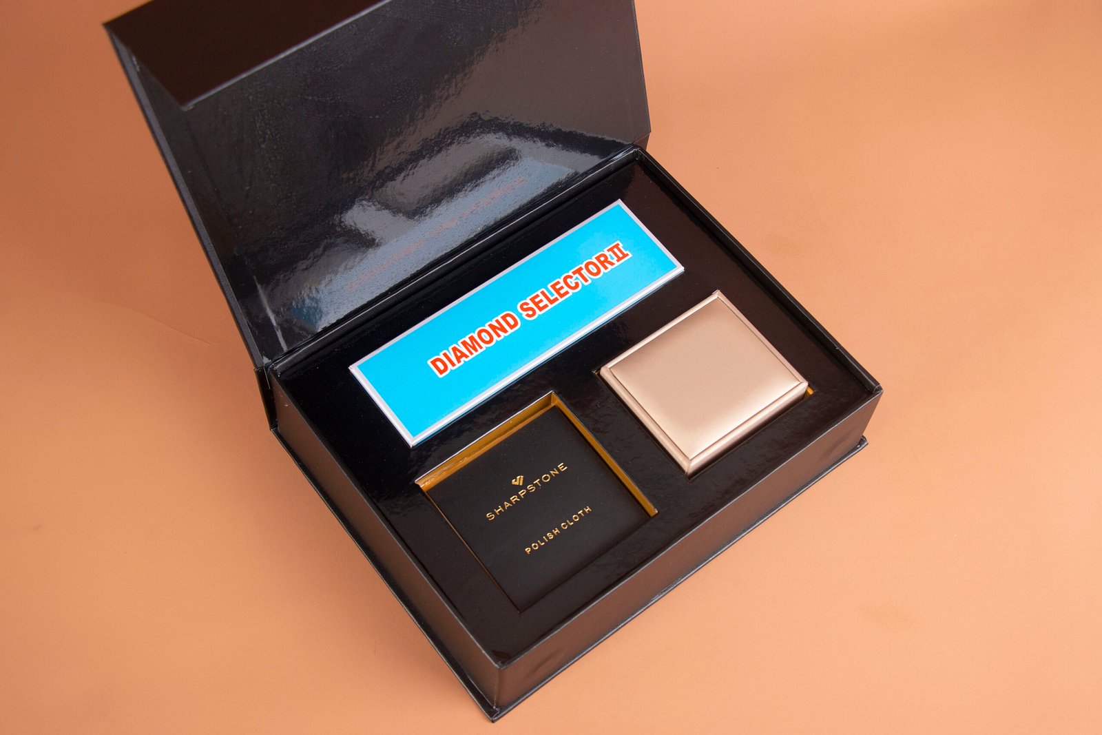 Bridal set rings packaging on wooden surface