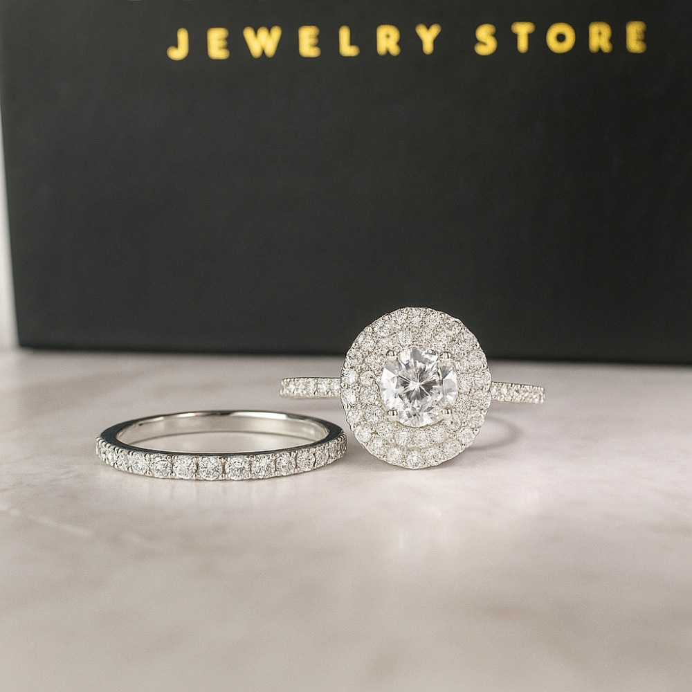 Cameron Sterling silver Bridal set with Moissanite stones front