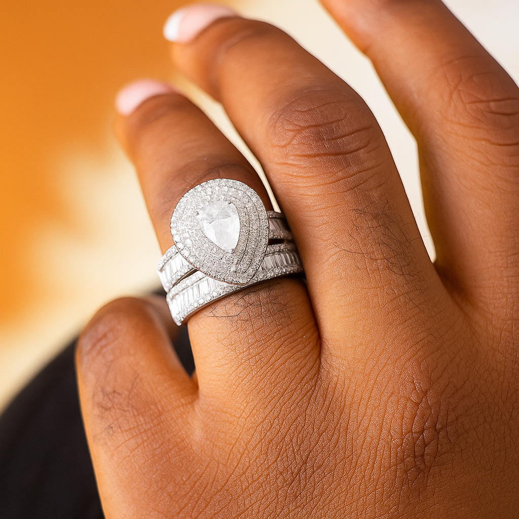 Jasmine Sterling silver bridal set with moissanite stones model