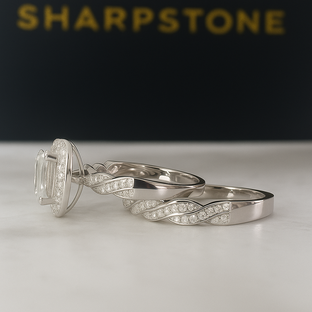 Melody Sterling silver Bridal set with moissanite stones side