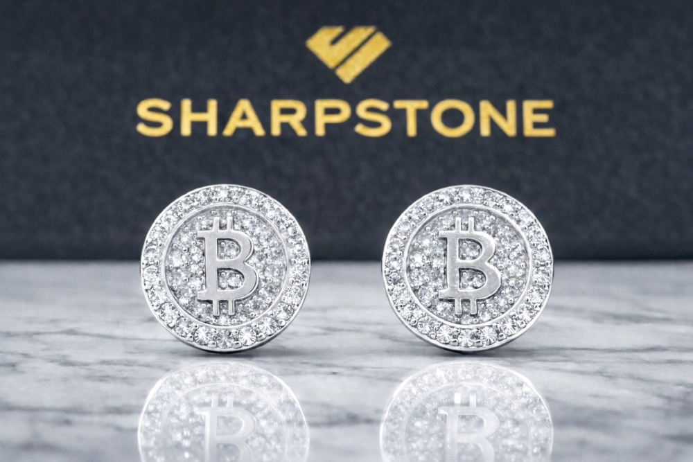 Bitcoin Sterling Silver Earring with Moissanite Stones Front