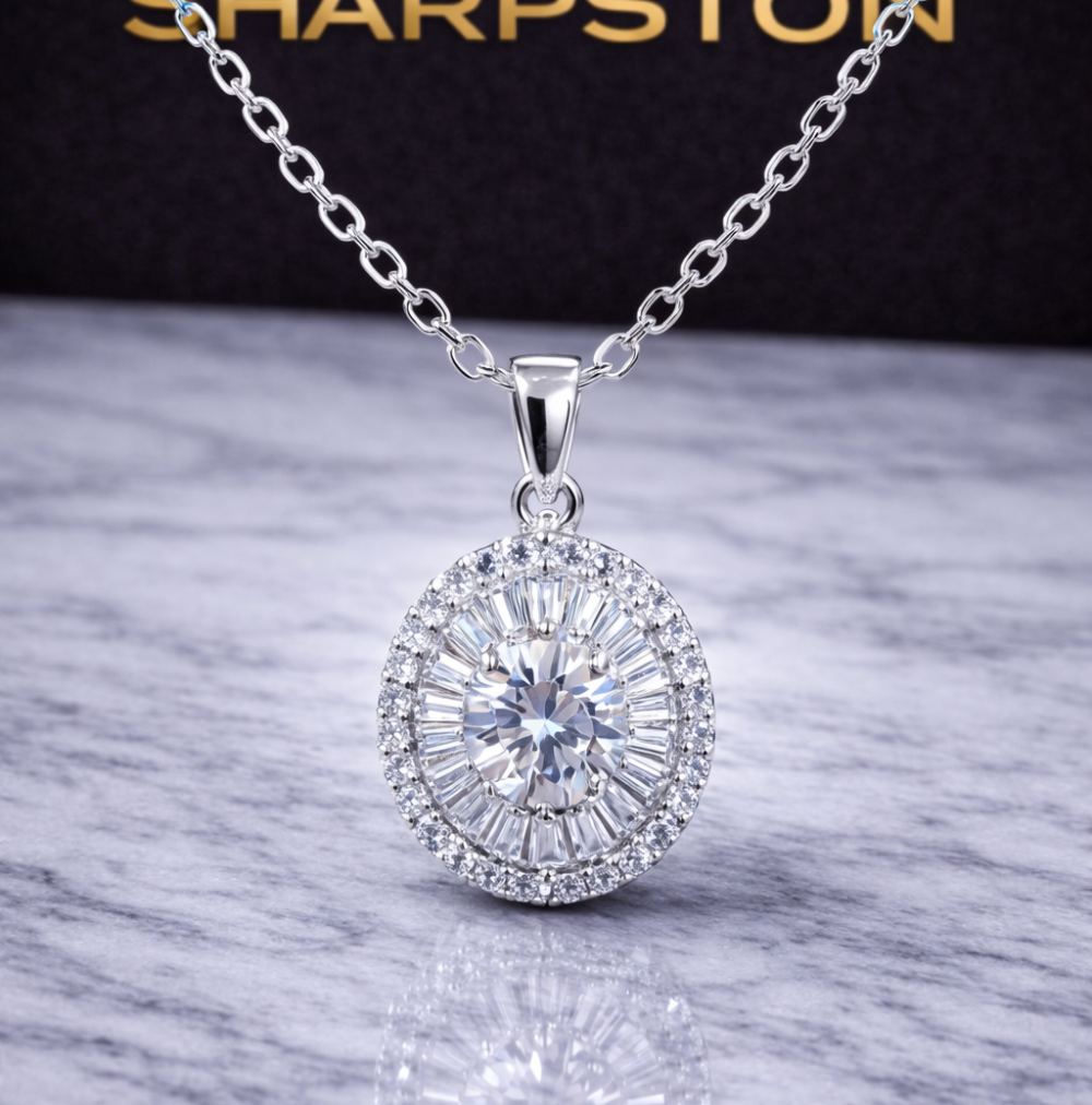 Cerina Sterling Silver Necklace with Moissanite Stone Front