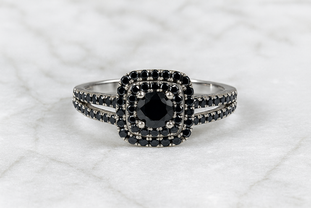Daphne black engagement ring with cz stones front view