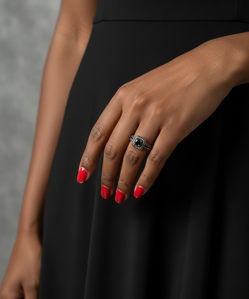 Daphne black engagement ring with cz stones model view