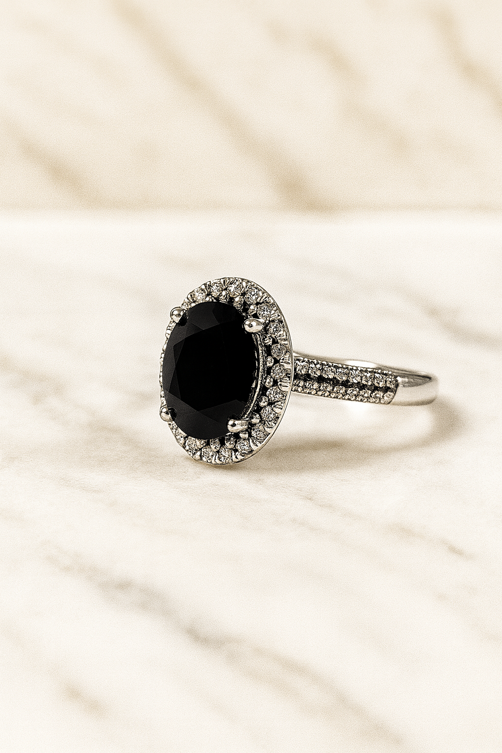 Juana black engagement ring with cz stones side view