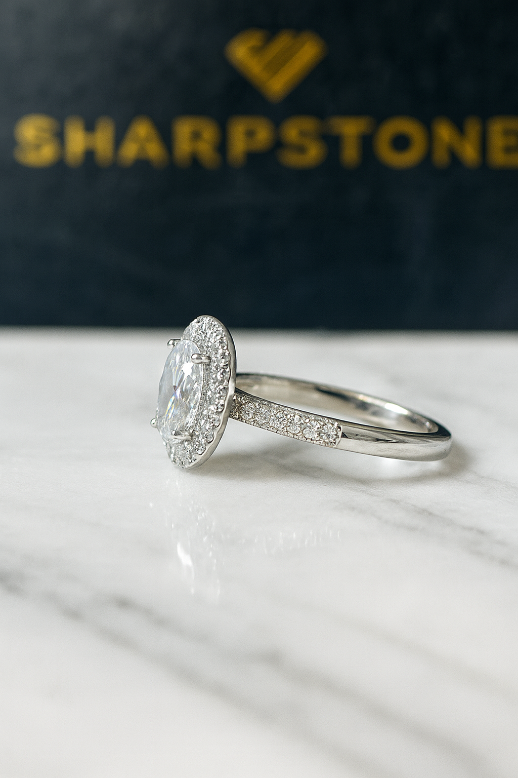 Juana white engagement ring with cz stones side view