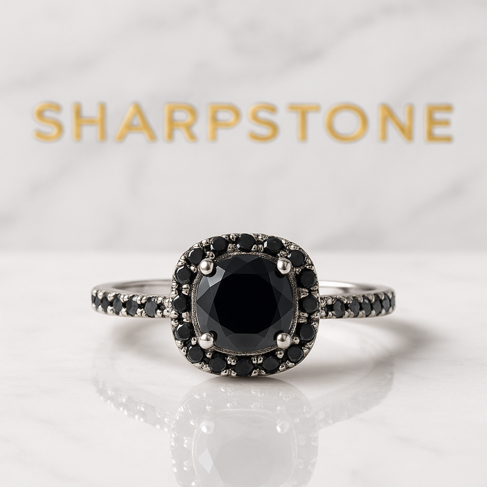 Spa black engagement ring with moissanite stones front view