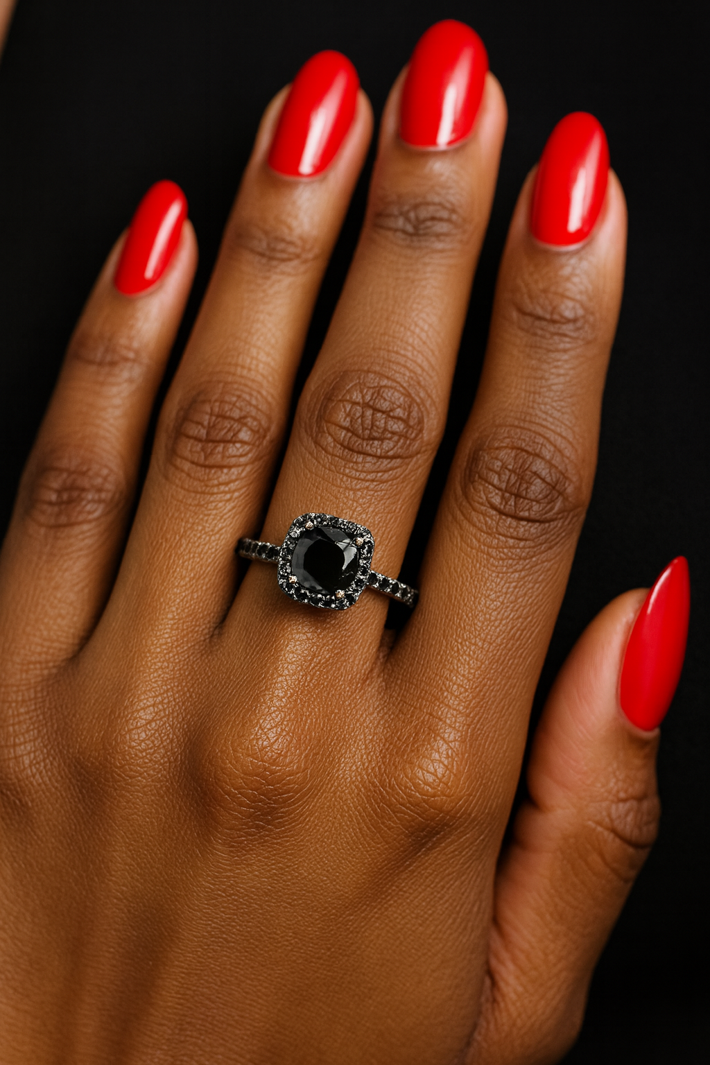 Spa black engagement ring with moissanite stones model view