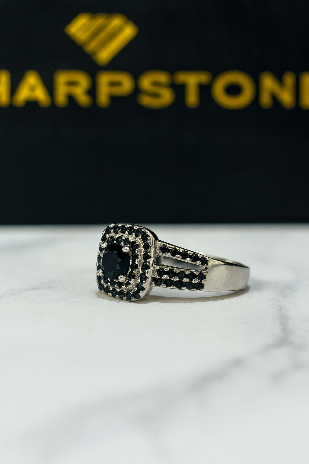 Velma Black Sterling Silver Engagement Ring with Cubic Zirconia Stone Side