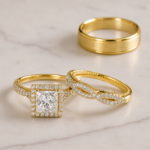 Andrea Gold Trio Set Ring with Moissanite and Diamond Stone