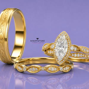 Aster Gold Trio Set Ring with Moissanite and Diamond Stone