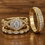 Cielo Gold Trio Set Ring with Moissanite and Diamond Stone