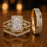 Dorian Gold Trio Set Ring with Moissanite and Diamond Stone