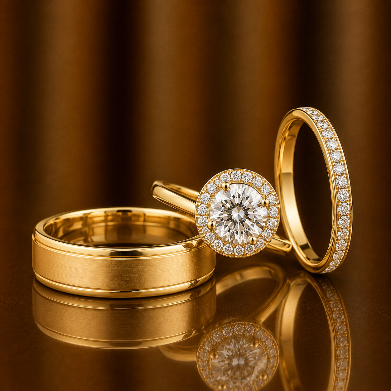 Fiore Gold Trio Set Ring with Moissanite and Diamond Stone